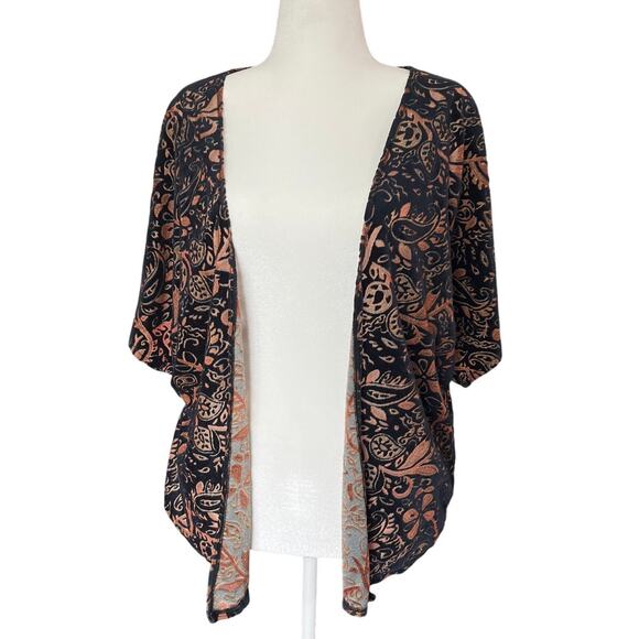 Billabong Black and Copper Semi-Sheer Burnout Velvet Open Cardigan Size M Boho - Picture 1 of 10